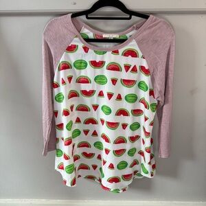LeLis Watermelon Print Raglan Sleeve Baseball Tee Top Dusty Pink Red and Green